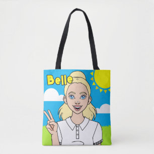 Cute Blonde Tecknad Girl School Namn Bibliotek Tygkasse