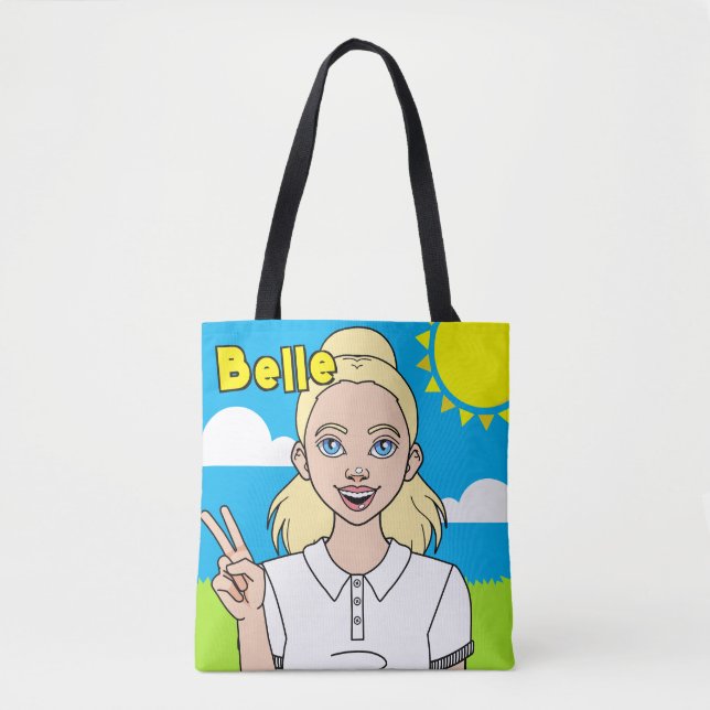 Cute Blonde Tecknad Girl School Namn Bibliotek Tygkasse (Framsida)