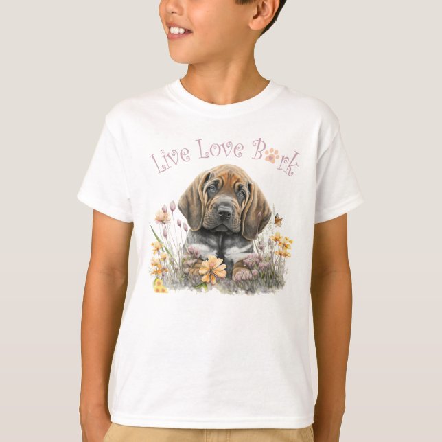 Cute Bloodhound-Blommigt, Hund T Shirt (Framsida)