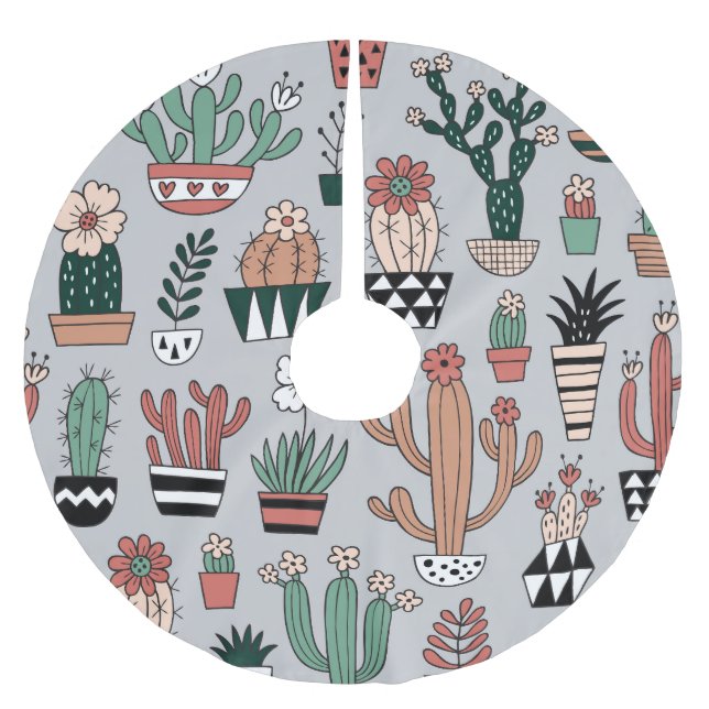 Cute Blooming Cactuses: Hand Drawn Mönster Julgransmatta Borstad Polyester (Framsidan)