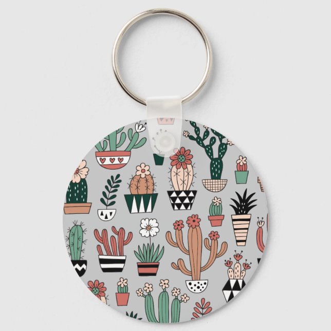 Cute Blooming Cactuses: Hand Drawn Mönster Nyckelring (Framsida)