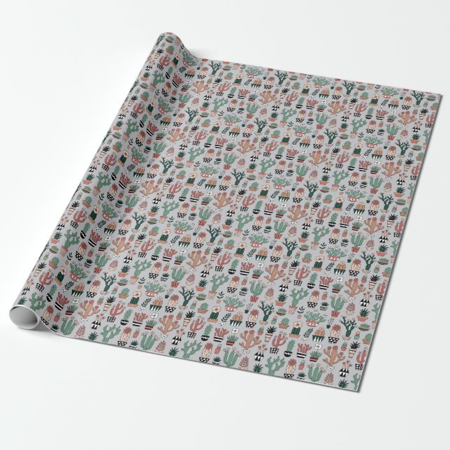 Cute Blooming Cactuses: Hand Drawn Mönster Presentpapper (Utrullad)