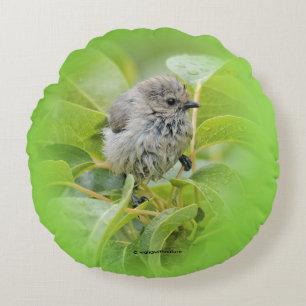 Cute Blöt Wee Bushtit på Laurel Rund Kudde