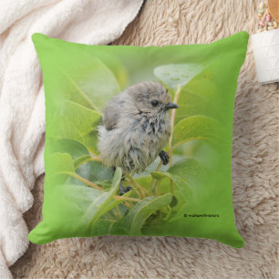 Cute Blöt Wee Bushtit Songbird i Laurel Shrub Kudde