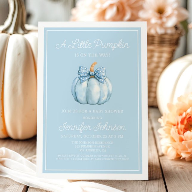 Cute Blue A Little Pumpkin Boy Shower Inbjudningar (Cute Blue A Little Pumpkin Boy Baby Shower Invitation)