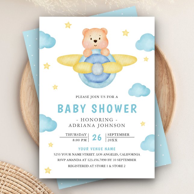 Cute Blue Airplane Boy Nalle Baby Shower Inbjudningar (Skapare uppladdad)