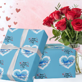 Cute Blue Airplane & Clouds, Kids Valentine Day Presentpapper