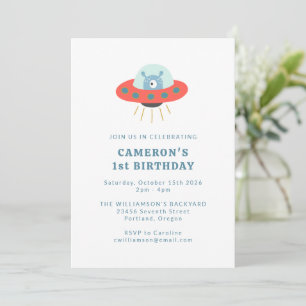 Cute Blue Alien Spaceship 1 Birthday Party Inbjudningar