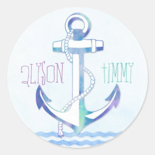 Cute Blue Anchor Nautical Bröllop Runt Klistermärke