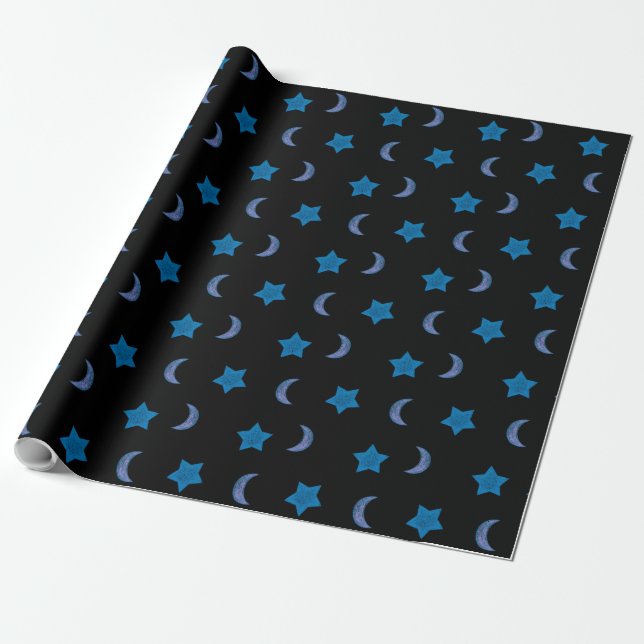 Cute Blue and Black Måne and Stars Presentpapper (Utrullad)