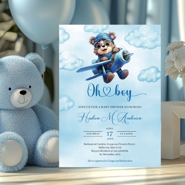 Cute Blue- and Brown nalle aviator Inbjudningar (teddy bear pilot - oh boy baby shower invitation)