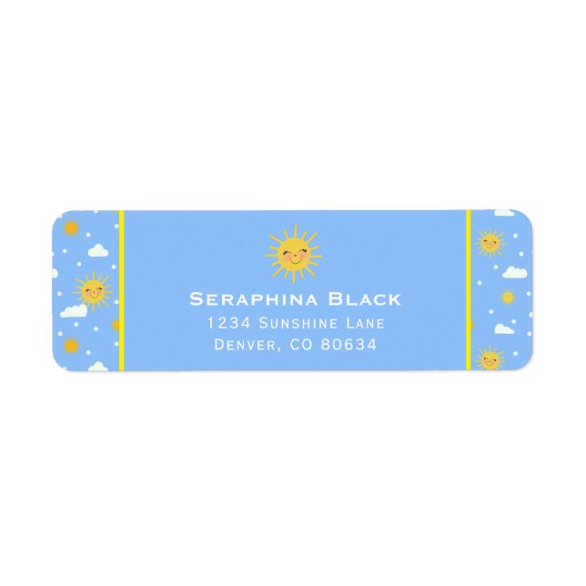 Cute Blue and Gult Sunshine Clouds Returadress Etikett (Framsidan)