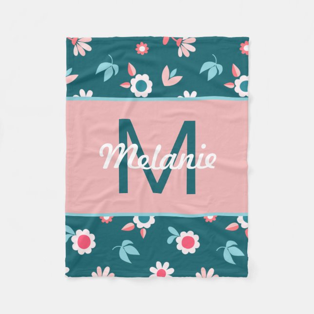 Cute Blue and Pink Personalised Floral Girl's Fleecefilt (Framsidan)
