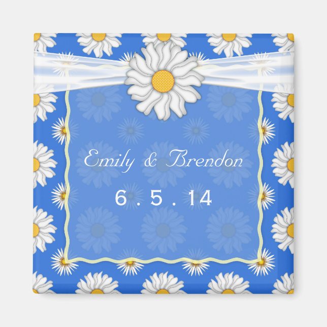 Cute Blue and White Blommigt Daisy Bröllop Magnet (Framsidan)