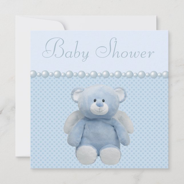 Cute Blue Angel Nalle Pojke Shower Inbjudningar (Framsida)