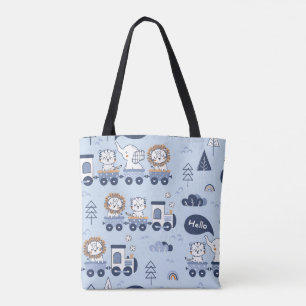 Cute Blue Animal Tåg Tote Bag - Adsible Safari Tygkasse