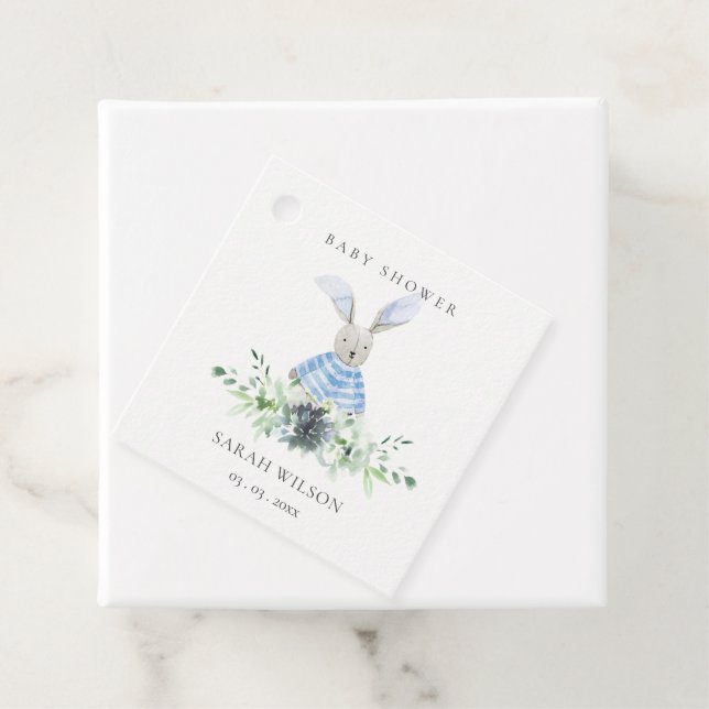Cute Blue Aqua Bunny Garden Foliage Baby Shower Gåvor Etiketter (På plats)