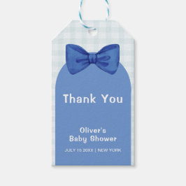 Cute Blue Arch Gingham Play Bow Boy Shower Presentetikett
