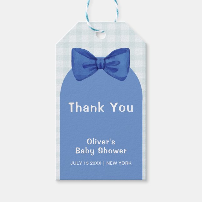 Cute Blue Arch Gingham Play Bow Boy Shower Presentetikett (Framsidan)