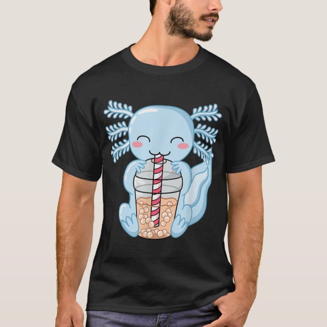 Cute Blue Axolotl Bubble Tea Kawaii Anime Aestheti T Shirt (Framsida)