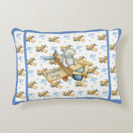 Cute Blue Baby Bear Boy Airplane Nursery Decor Prydnadskudde