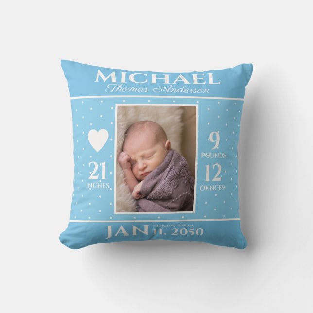 Cute Blue Baby Birgand Stats Keepsaké Nursery Kudde (Framsida)