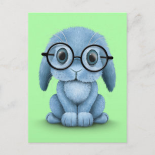Cute Blue Baby Bunny Wearing Glass på Grönt Vykort