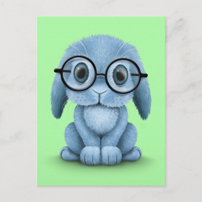 Cute Blue Baby Bunny Wearing Glass på Grönt Vykort (Framsida)