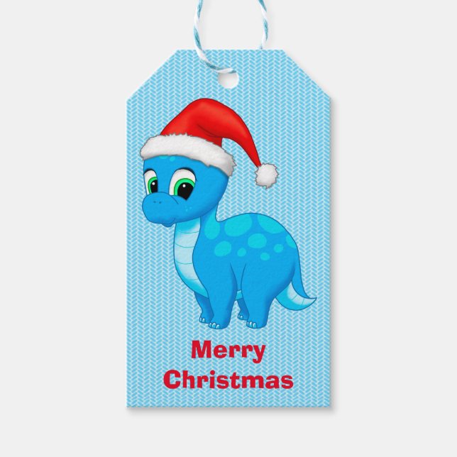 Cute Blue Baby Dinosaur i Santa Hat Presentetikett (Framsidan)