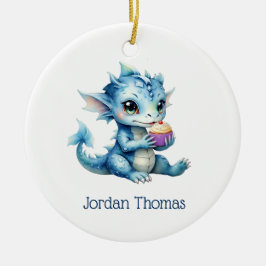 Cute Blue Baby Dragon Eatera en cupkaka Julgransprydnad Keramik