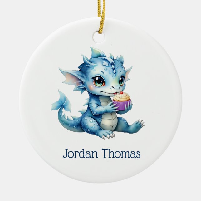 Cute Blue Baby Dragon Eatera en cupkaka Julgransprydnad Keramik (Framsidan)