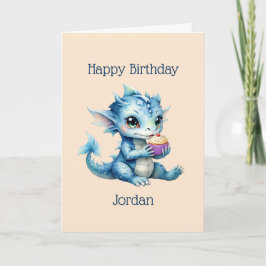 Cute Blue Baby Dragon Eatera en cupkaka Kort