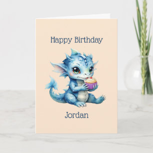 Cute Blue Baby Dragon Eatera en cupkaka Kort