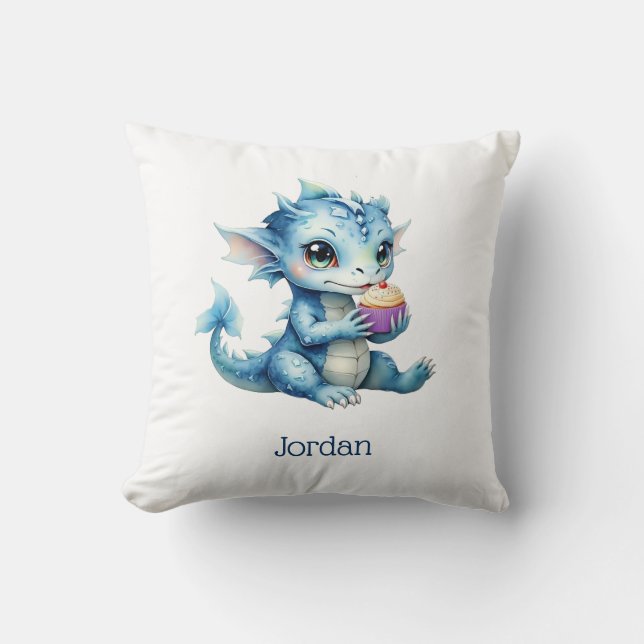 Cute Blue Baby Dragon Eatera en cupkaka Kudde (Framsida)