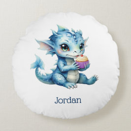 Cute Blue Baby Dragon Eatera en cupkaka Rund Kudde