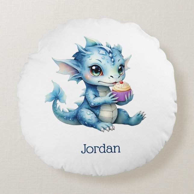 Cute Blue Baby Dragon Eatera en cupkaka Rund Kudde (Framsidan)