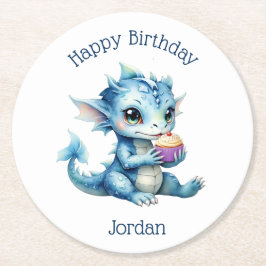 Cute Blue Baby Dragon Eatera en cupkaka Underlägg Papper Rund