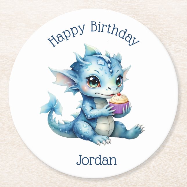 Cute Blue Baby Dragon Eatera en cupkaka Underlägg Papper Rund (Framsidan)