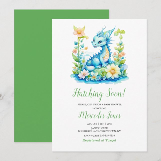 Cute Blue Baby Dragon “Hatching Soon” Baby Shower  Inbjudningar (Fram/baksida)