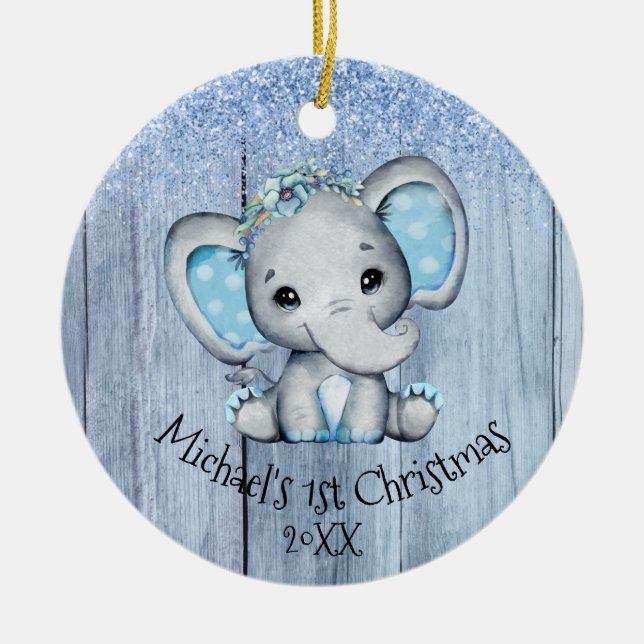 Cute Blue Baby Elephant 1:a jul Julgransprydnad Keramik (Framsidan)