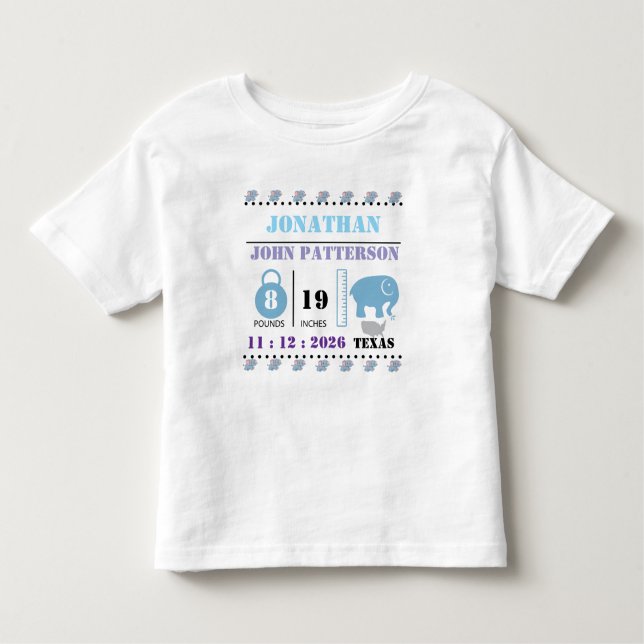 Cute Blue Baby Elephant Birth Announcement T Shirt (Framsida)