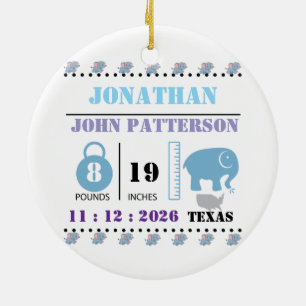 Cute Blue Baby Elephant Birth Notice Julgransprydnad Keramik