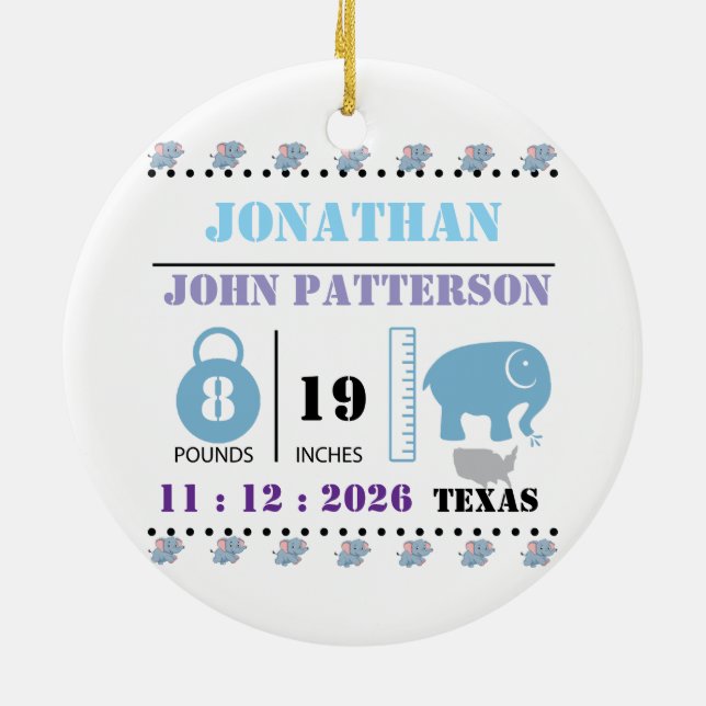 Cute Blue Baby Elephant Birth Notice Julgransprydnad Keramik (Baksidan)