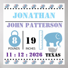 Cute Blue Baby Elephant Birth Notice Poster