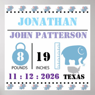 Cute Blue Baby Elephant Birth Notice Poster