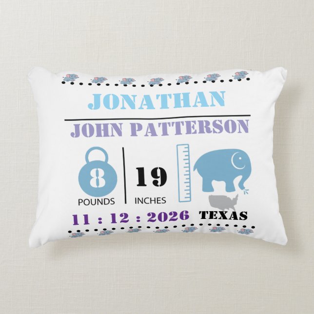 Cute Blue Baby Elephant Birth Notice Prydnadskudde (Framsidan)