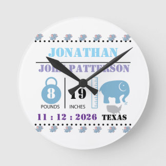 Cute Blue Baby Elephant Birth Notice Rund Klocka