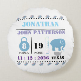 Cute Blue Baby Elephant Birth Notice Rund Kudde