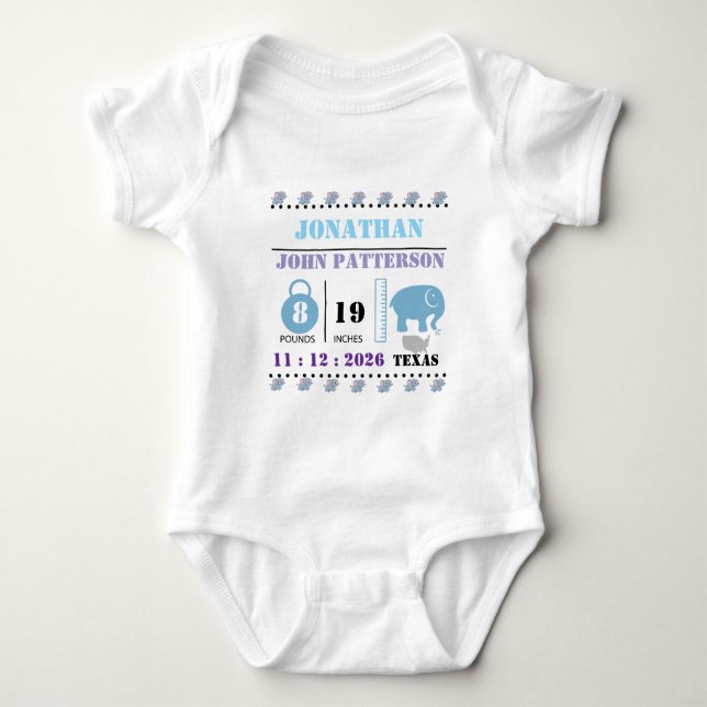 Cute Blue Baby Elephant Birth Notice T Shirt (Framsida)