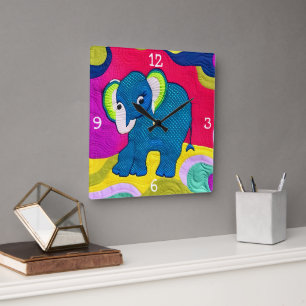 Cute Blue Baby Elephant - Quilt like Design Fyrkantig Klocka